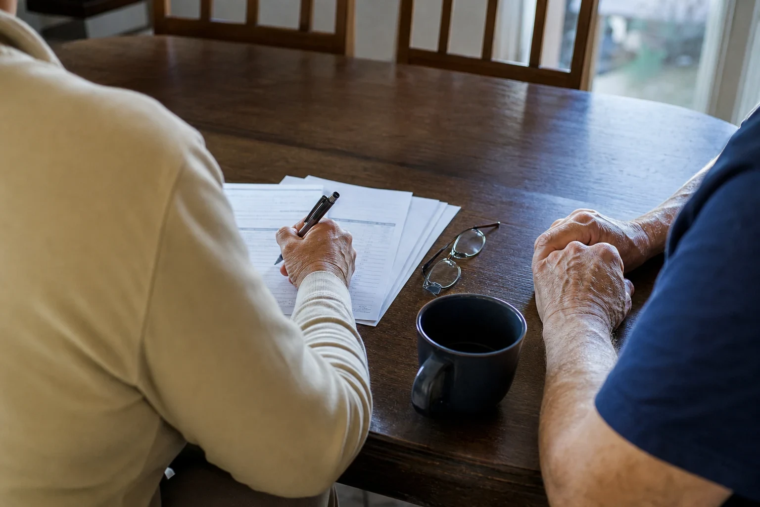 Two people at a wooden kitchen table, one writing on a stack of forms with a pen, with reading glasses and a dark coffee mug nearby and daylight from a window