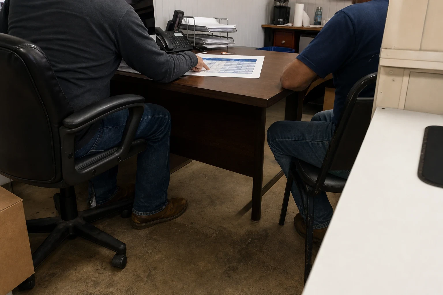 Two men seated at a wooden desk in a small back office, one pointing at a printed blue table of coverage amounts beside a desk phone and paper tray