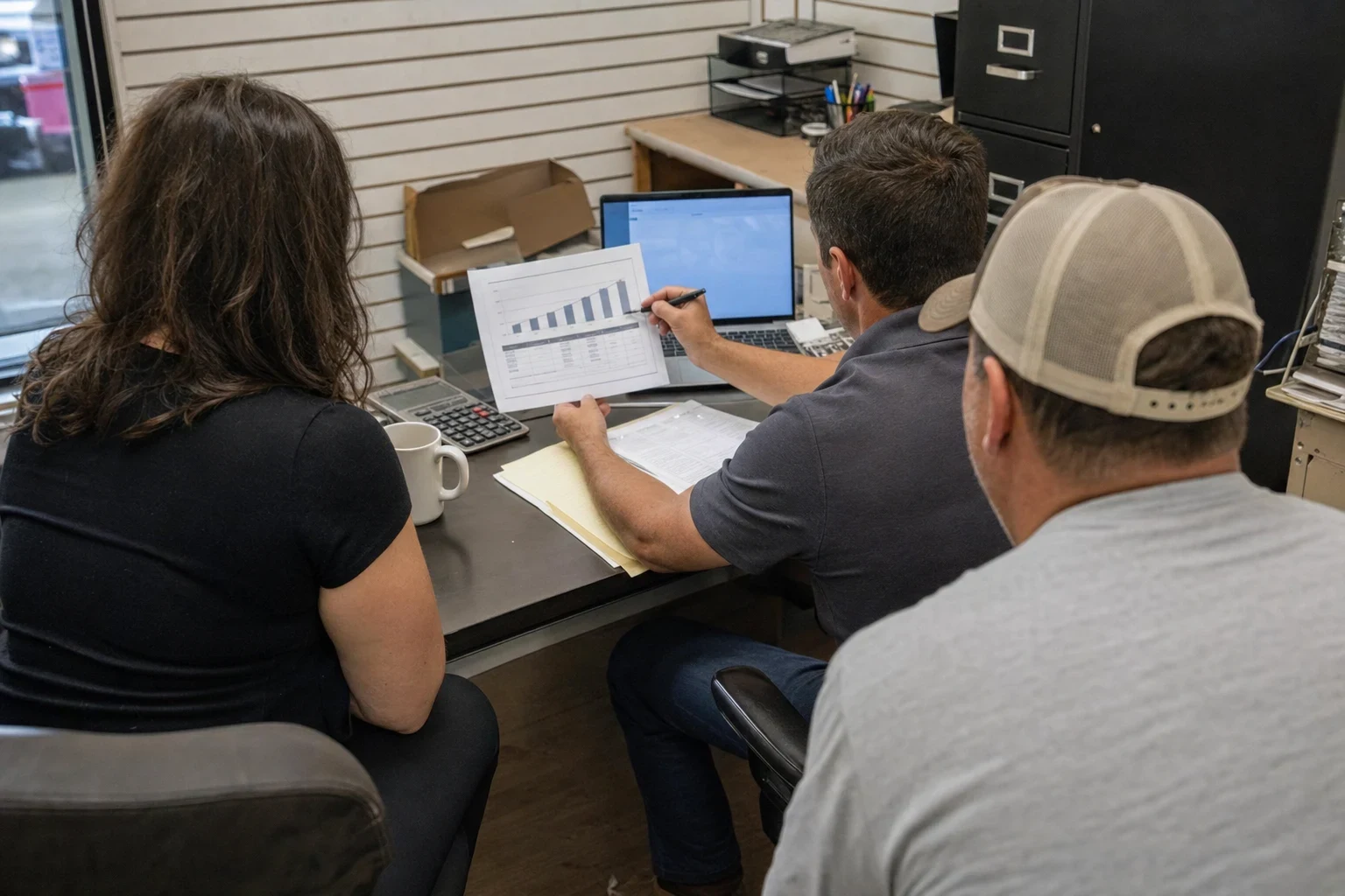 Agent at a desk in a shop's back office pointing a pen at a printed bar chart while a couple seated across the desk follows along