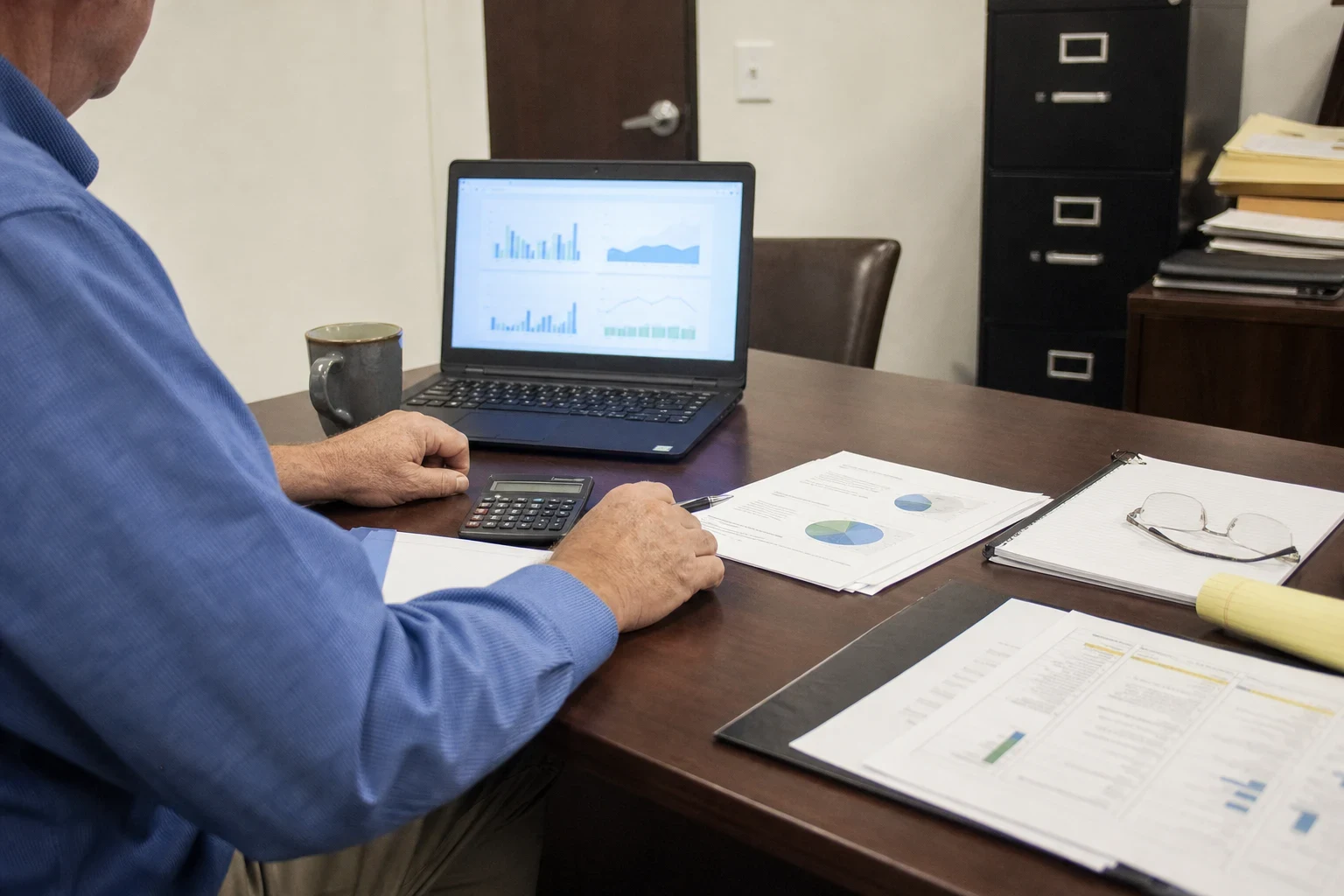 Man in a blue shirt at an office desk reviewing charts on a laptop, with a calculator, printed pie-chart reports, reading glasses and a filing cabinet nearby