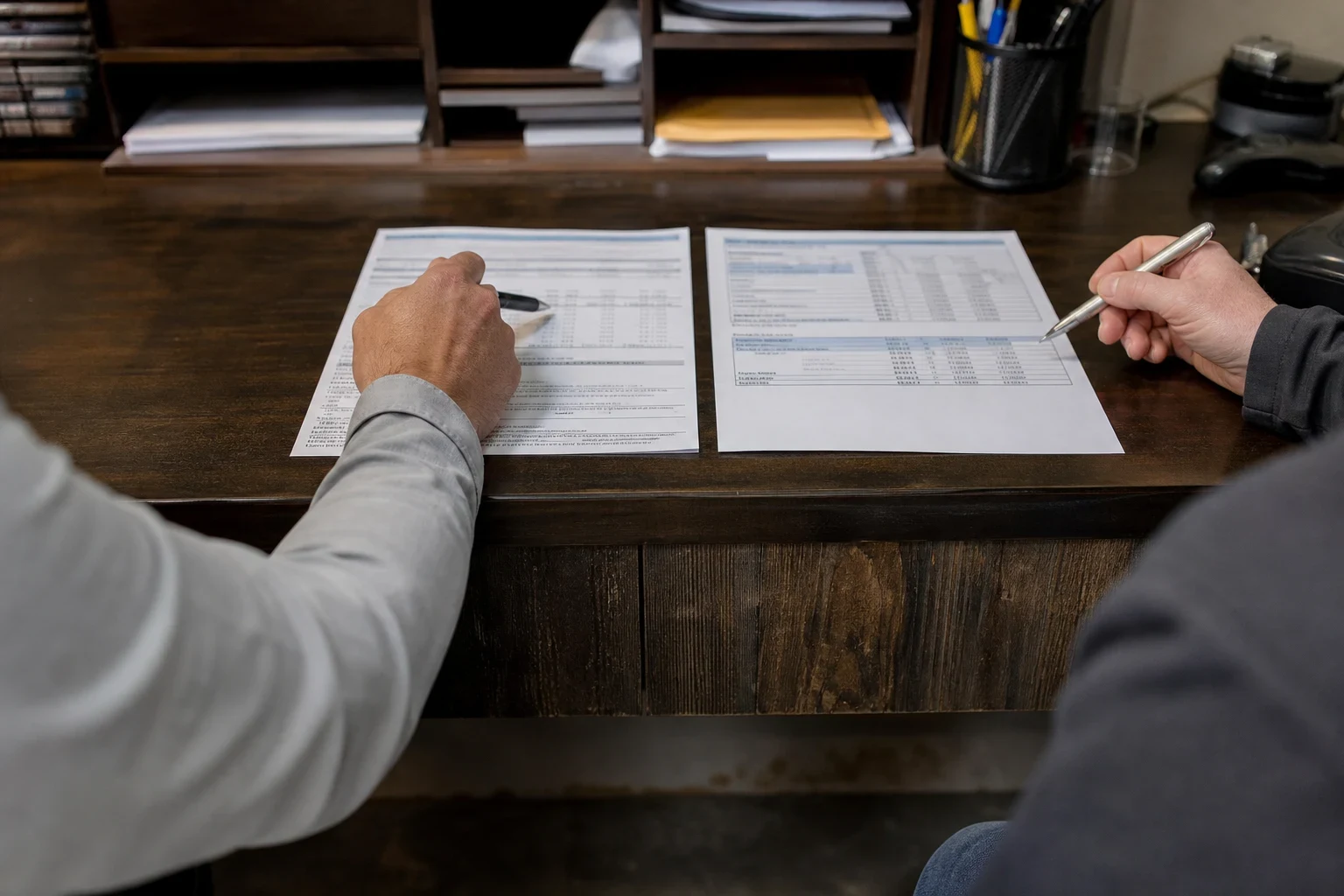 Two people at a dark wooden office desk reviewing two printed documents side by side, pens in hand, with mail sorter shelves and a pen cup behind